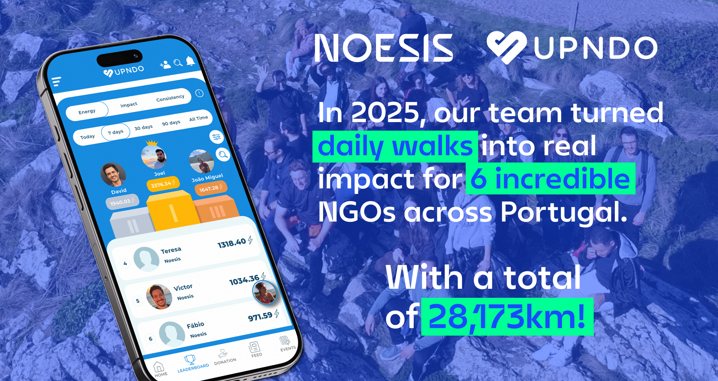 Smartphone com a app UPNDO e mensagem de impacto social.