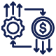 Icon of a gear, coin and directional arrows.