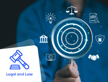 Person holding a magnifying glass with digital law and justice icons in the background